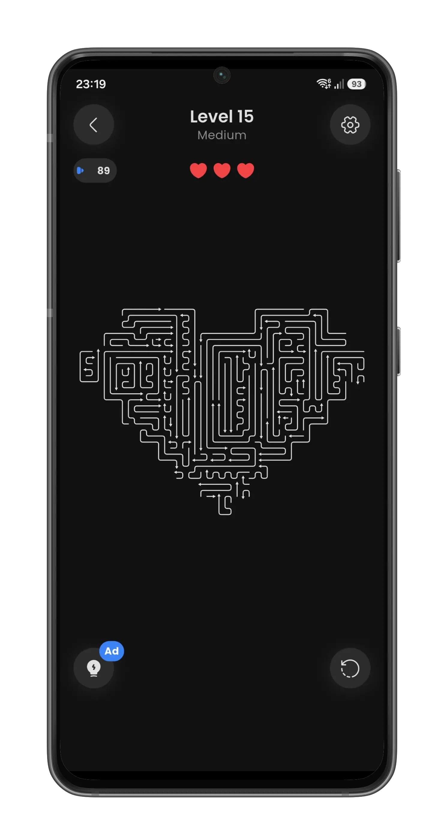 A level of Arrow Away: the board forms a heart-shaped silhouette built from long winding arrows, above it three heart icons for lives and a counter reading 89, with a hint button and a restart button at the bottom.