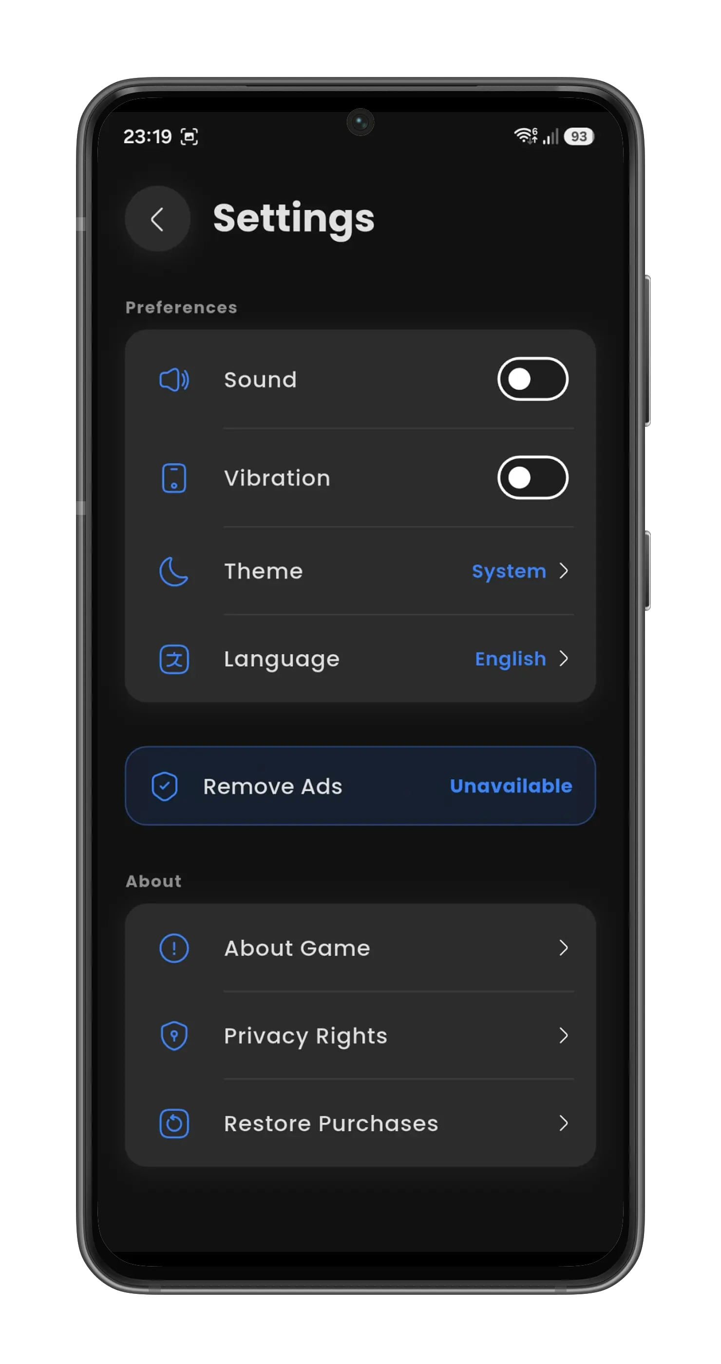 The Arrow Away settings screen: toggles for sound and vibration, rows for theme and language, a Remove Ads row, and links for about the game, privacy rights and restoring purchases.